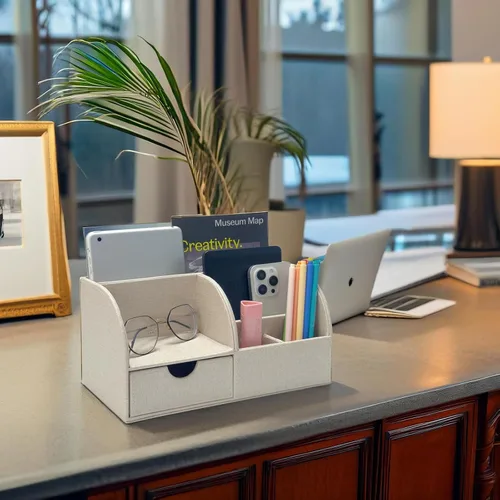 Vista 5 de UnionBasic Organizador de escritorio - Caja de almacenamiento multifuncional de cuero para escritorio con soporte para bolígrafos - Para tarjetas