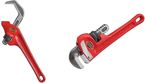 RIDGID 31305 Modelo E-110 Llave de tubo de 9.5" con boca hexagonal desviada, roja, fabricada en EE. UU. y 31010 Modelo 10 Llave de tubo recta de