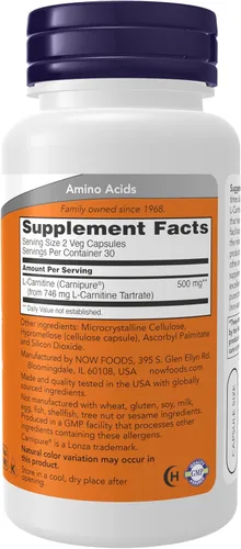 Vista 2 de NOW L-carnitina 250 mg, 60 cápsulas (paquete de 2)