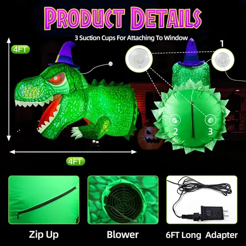Vista 4 de zukakii Decoraciones inflables de Halloween de 4 pies, dinosaurio al aire libre estallado de la ventana con LED vívido T-Rex integrado inflable