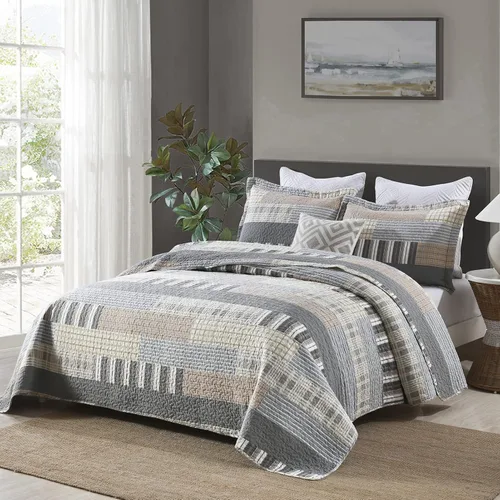 Vista 2 de Y-PLWOMEN - Juego de cama tamaño Queen 100% algodón, color marrón y gris, con diseño de granja a cuadros, edredón acolchado, 3 piezas, reversible