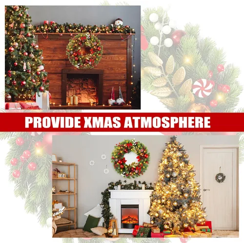 Vista 6 de Sggvecsy Corona de Navidad Artificial de 17 Pulgadas para Puerta Principal con 20 Luces LED Agujas de Pino Bolas de Navidad Bayas Rojas Blancas