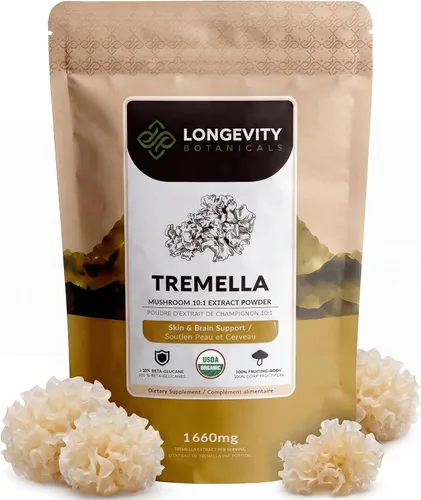 Longevity Botanicals Extracto de suplemento orgánico de hongos Tremella en polvo 3.53 oz | Cuerpo fructífero Fuciformis de hongos de nieve | ≥10%