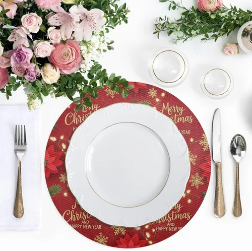 Vista 5 de Gold Red Snowflakes Placemats, Non Slip Place Mat Washable for Kitchen Table one sizex1
