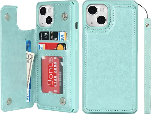 Vista 19 de iCoverCase Funda cartera compatible con iPhone 13 con soporte para tarjetas para mujeres, funda con correa de muñeca de cuero PU en relieve