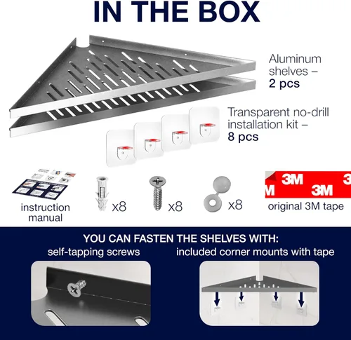 Vista 5 de Estante esquinero de ducha triangular, 1 paquete, blanco, 14 pulgadas de fuerte, aluminio, capacidad de 11 libras, montaje en pared, autoadhesivo