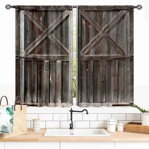 Vista 25 de Cortinas de puerta de granero, cortinas de madera rústica de granja, cabina de madera, tablón de madera, puerta de garaje de madera de granero