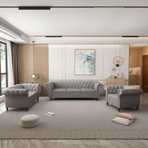 Vista 34 de Juego de 2 piezas para sala de estar, sofá loveseat Chesterfield de terciopelo con silla, brazos enrollados y tachuelas para sala de estar, oficina