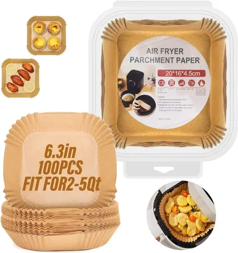 Vista 2 de Forros de papel desechables para freidora de aire, 100 piezas de papel pergamino antiadherente, a prueba de aceite, impermeable, de grado