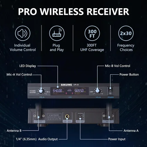 Vista 5 de Sistema de micrófono inalámbrico, micrófono dinámico inalámbrico dual Pro UHF de metal, frecuencias ajustables de 2 x 30, sistema de micrófono