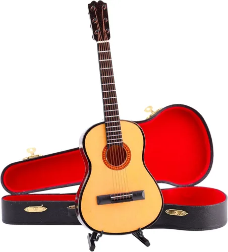 Vista 14 de Guitarra miniatura de madera con soporte y estuche, mini instrumento musical, réplica de guitarra, figuras coleccionables, accesorios de casa