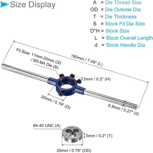 Vista 2 de Juego de mangos de troquel, #4-40 UNC rosca troquelado y ajuste 0.433 in-0.787 in OD / M3-M4 Kit de herramientas