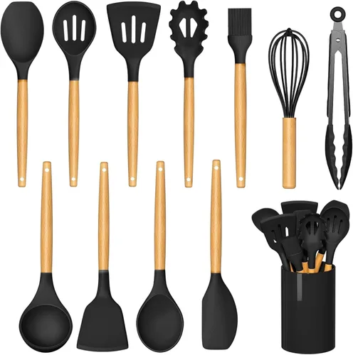 Vista 10 de Juego de utensilios de cocina de silicona, espátula de goma negra de 33 piezas para el hogar, electrodomésticos de decoración de chef, silicona