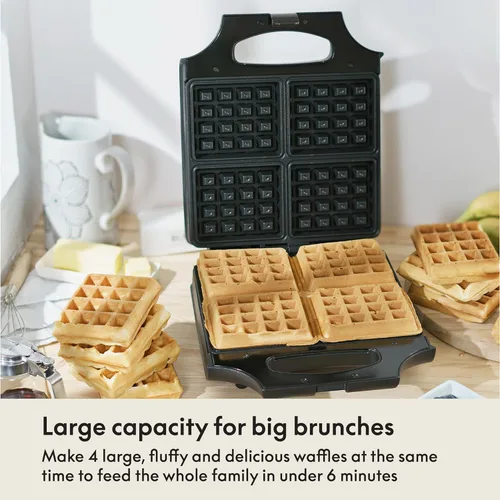 Vista 6 de bella Waffle Iron - 4 waflera belga cuadrada, platos antiadherentes extra grandes para una fácil limpieza, diseño compacto, acero inoxidable, negro