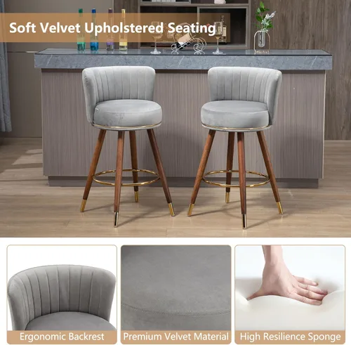 Vista 4 de Juego de 4 taburetes de bar, taburetes de bar tapizados de terciopelo, taburete giratorio con respaldo para isla de cocina, comedor, gris