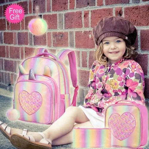 Vista 3 de AGSDON 4 mochilas infantiles para niñas, 14.5 pulgadas de unicornio con lentejuelas y lonchera