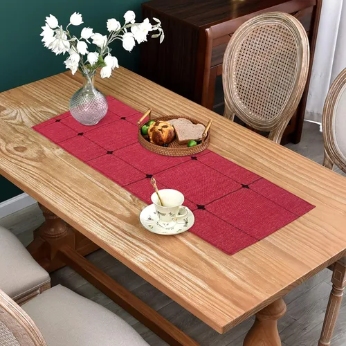 Vista 9 de Camino de mesa de tela bordada, rústico, a cuadros, camino de mesa rectangular a cuadros para comedor, tocador, café, fiesta, decoración de mesa