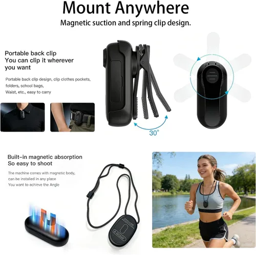 Vista 7 de JETO Mini cámara corporal HD de 1080P, 128GB, pantallas táctiles duales, gran angular de 154°, funda impermeable, colgante magnético y clip trasero