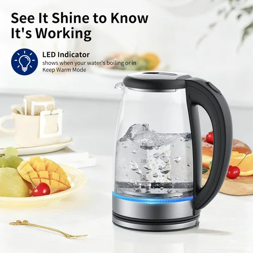 Vista 5 de Hervidor eléctrico de vidrio de 2 litros, caldera de agua caliente de ebullición rápida de 1500 W con apagado automático, luz LED, sin BPA, vidrio