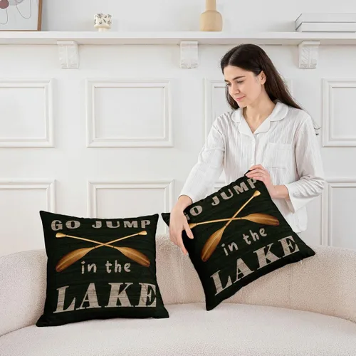 Vista 3 de Paquete de 2 fundas de almohada decorativas de reglas del lago, suave juego de fundas de cojín cuadradas de bienvenida al lago cabaña para sofá