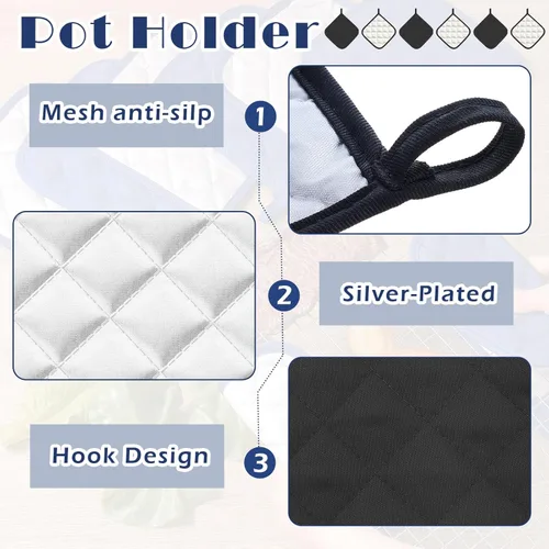 Vista 3 de Bokon 12 Pcs Pot Holders for Kitchen, Black Potholders Sets, Heat Resistant Cotton Hot Pad Oven Mitts Trivet with Hanging Loops for Baking Cooking