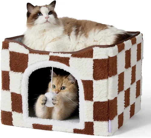 LE SURE Camas para gatos para interiores, casa de gatitos – Cueva grande para gatos para mascotas con bola esponjosa para colgar, escondite plegable