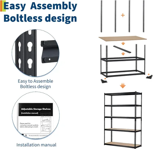 Vista 9 de Estantes de almacenamiento de garaje de 5 niveles, estantes de almacenamiento resistentes con capacidad de 2000 libras, 30 pulgadas de largo x 12