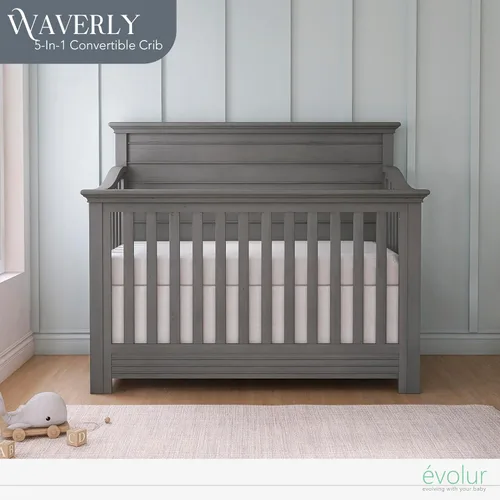 Vista 2 de Evolur Waverly - Cuna convertible de panel completo 5 en 1 en gris rústico, certificado JPMA y Greenguard Gold, fabricada con madera dura seca al
