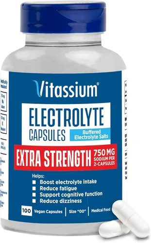Vitassium Cápsulas de Electrolitos de Fuerza Extra, 750mg de Sodio para el Manejo de POTS y Dietas Altas en Sodio, Sin Sabor, 100 Píldoras de Sal
