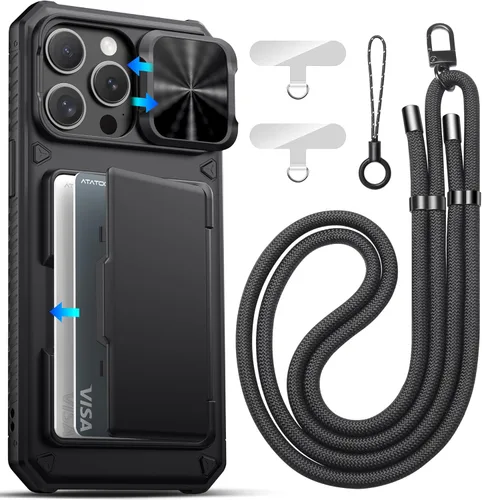 Vista 62 de ATATOO Funda para iPhone 16, tarjetero integrado (almacena 3-5 tarjetas) y protector de cámara deslizante, protección de grado militar, bonita funda