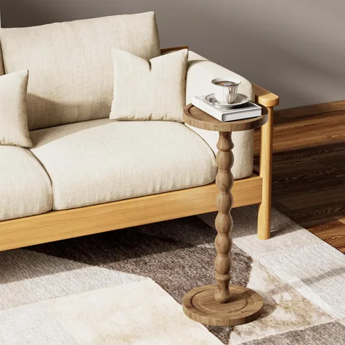 Vista 6 de Mesa auxiliar pequeña, mesa de bebida de madera de caucho para espacios pequeños, mesas de café con pedestal de madera maciza, mesas auxiliares