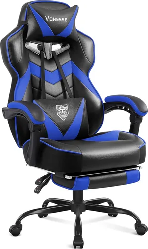 Vonesse Silla para videojuegos, silla de juegos de respaldo alto con reposapiés y masaje, sillas de juegos para adultos con cojín de resorte de