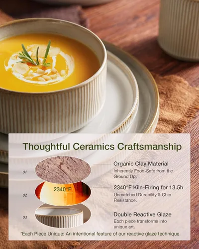 Vista 5 de Juego de vajilla Famiware Star con tazas, servicio para 4 (16 piezas), platos y cuencos de gres acanalado, resistentes a las astillas y a