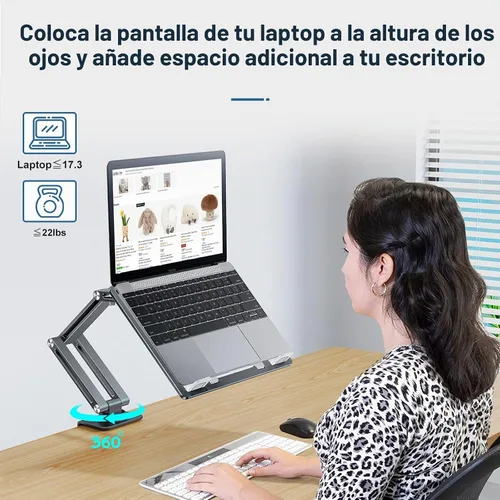 Vista 4 de Soporte para computadora portátil para escritorio, soporte de brazo para tableta con rotación de 360°, bandeja de aluminio ajustable para laptop