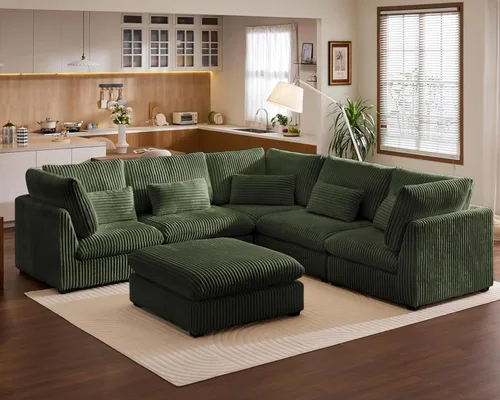 Vista 39 de Sofá modular de gran tamaño, sofá modular de pana extra profundo con diván otomano, sofás de felpilla esponjosa en forma de L para sala de estar