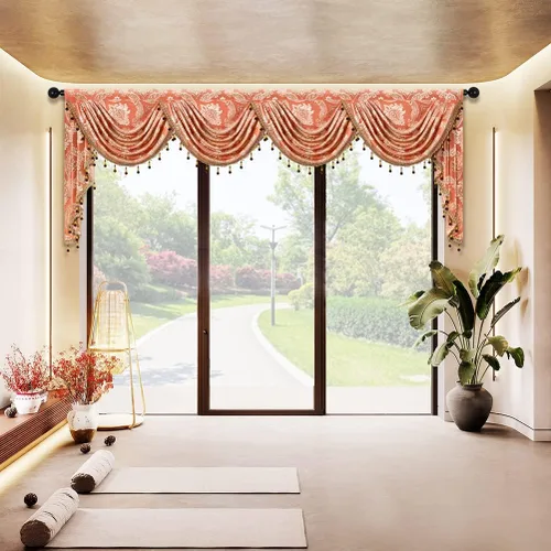 Vista 8 de ELKCA Cenefa de cascada de jacquard dorado de damasco para cocina, sala de estar, cenefa con bolsillo para barra para ventana pequeña, 39 pulgadas