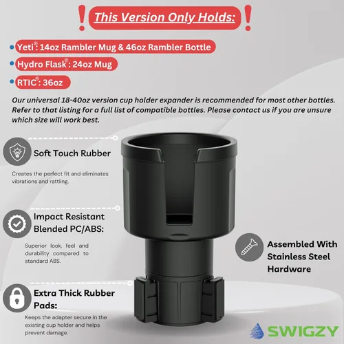 Vista 2 de Swigzy Expansor de portavasos para auto extra ancho - Hecho para Yeti Rambler de 14oz y 46oz, taza Hydro Flask de 24oz, botellas RTIC de 36oz