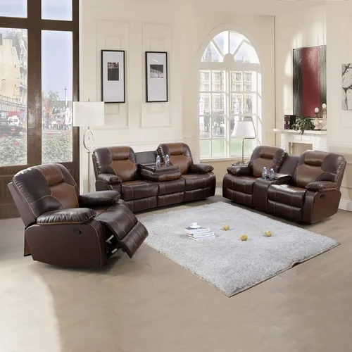 Muebles de sala de estar reclinables manuales, sofá de cuero regenerado con consola desplegable, sofá biplaza con consola de almacenamiento, silla