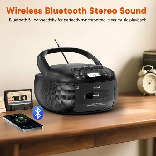 Vista 5 de Reproductor de CD Boombox con reproductor de cassette, Bluetooth, radios y control remoto, reproductor de CD/MP3/USB con sonido estéreo, grabación