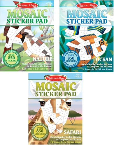 Melissa & Doug Paquete de 3, juego de blocs de calcomanías de mosaico Safari, Océano y Naturaleza, 12 escenas cada una