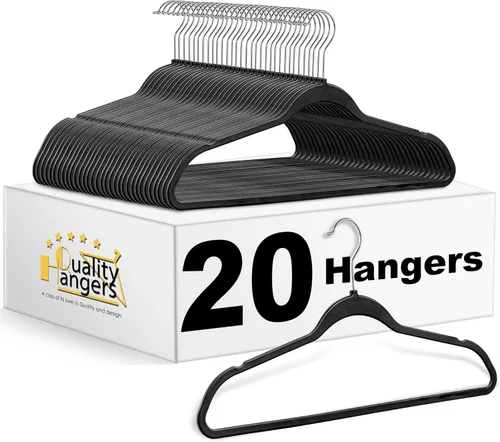 Quality Hangers Paquete de 20 perchas de plástico para ropa, perchas delgadas sin terciopelo con gancho cromado giratorio de 360° y muescas