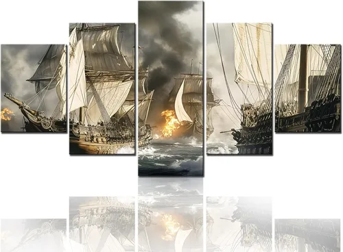 Vista 26 de Cuadros de pared para sala de estar, cuadros de naves de batalla de vikingos, varios paneles, lienzo, arte de pared, puesta de sol, barco pirata