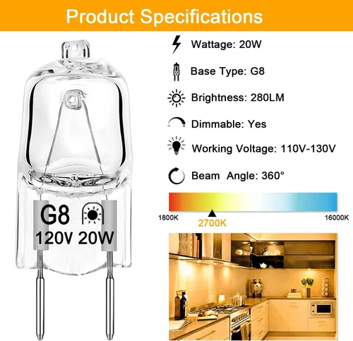 Vista 3 de Bombilla halógena G8 de 20 W, 120 V, T4, tipo JCD, base G8, bombillas de xenón bi-pines, regulables con larga vida útil, bombillas halógenas G8