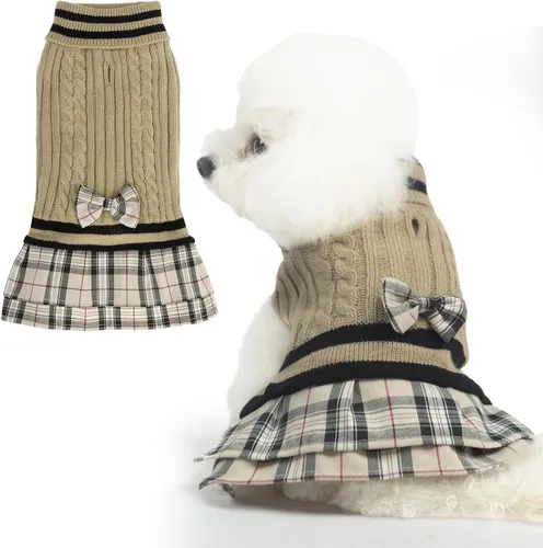 Vista 10 de PAWCHIE Vestido de suéter para perro con corbatín - Suéter de punto con cuello alto para perros pequeños, para niñas, para clima frío, con orificio