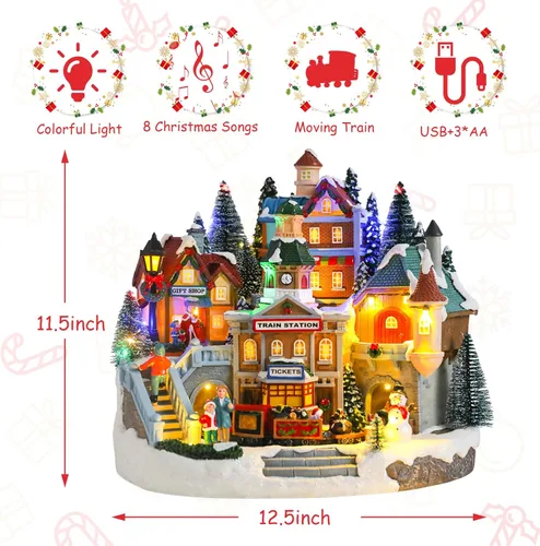 Vista 4 de Casas de Pueblo Navideño de taman - Edificios Coleccionables Musicales con Tren en Movimiento, Luces Cálidas y Adornos para Decoraciones Navideñas
