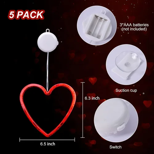 Vista 2 de Paquete de 5 luces de ventana para el día de San Valentín con temporizador, funciona con pilas, cadena roja iluminada en forma de corazón, silueta