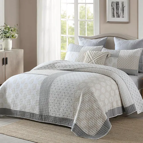 Vista 10 de PANGUSHAN - Juego de edredón tamaño Queen, edredón de algodón 100%, juego de ropa de cama, colcha reversible a cuadros florales para cama Queen