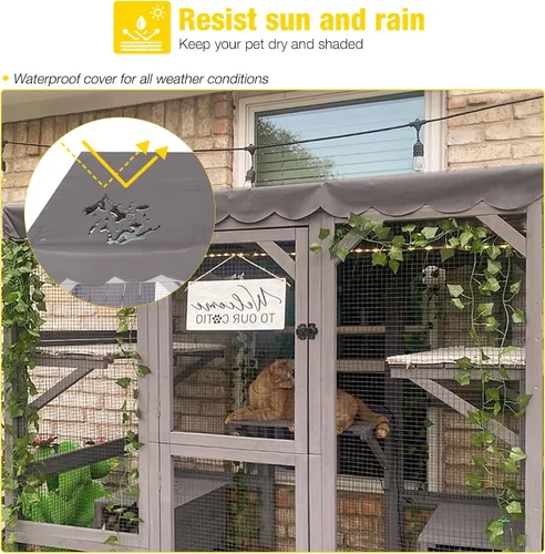 Vista 8 de Aivituvin Casa de gato al aire libre Katio Kitty Recinto con puerta de entrada súper grande, jaula de gato de madera para interiores