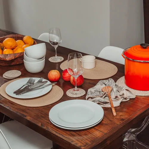 Vista 5 de OrganiHaus Juego de 6 posavasos de algodón absorbente, decoración rústica de estilo bohemio para mesa de café y protección de bebidas, posavasos