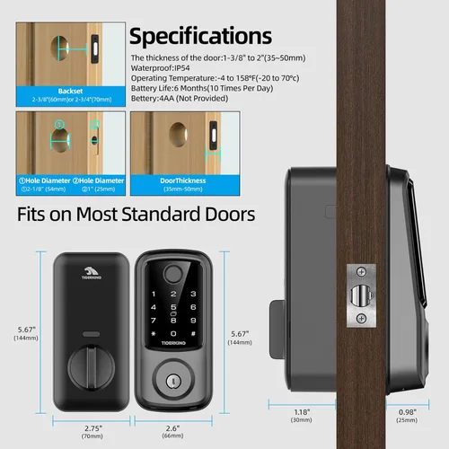 Vista 7 de TIGERKING Smart Lock, Keyless Entry Door Lock with Bluetooth, Biometric Fingerprint and Touchscreen Keypad, Smart Deadbolt for Home,Apartment,Hotel